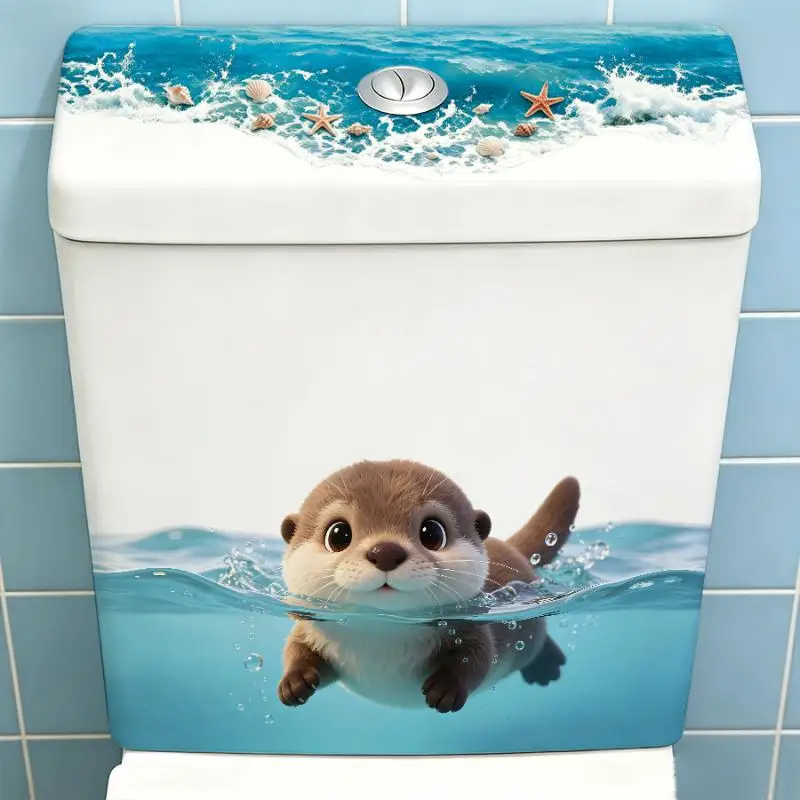 Fadeproof Cute Otter Toilet Tank Sticker Ocean Wave Waterproof Vinyl Decal Self-Adhesive for Long Term Bathroom Decor