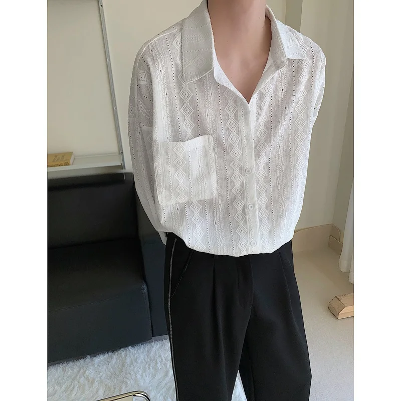 

Hollow out Design Men's irt Loose Long Sve Faionable Outerwear Youth Trend Autumn Season Pure Color