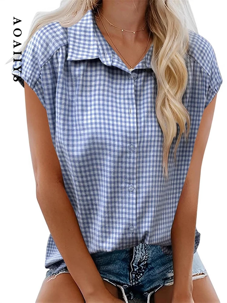 

NEW Aoaiiys Short Sleeve Blouse Women Chic Vintage Plaid Turn-down Collar Shirts Summer 2026 New Fashion Classic Casual Loose To