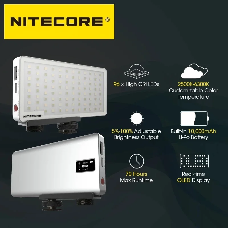 المهنية NITECORE SCL10 2 في 1 كاميرا خفيفة قوة البنك الشعلة مع 2500K-6300K ملء الضوء لمدونات الفيديو 10000mAh قوة البنك