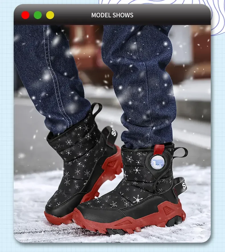 Kids Winter Fleece-Lined Cotton Snow Boots Boys Wolf Toe Steel Spike Anti-Slip Long Tube Shoes For Outdoor Use