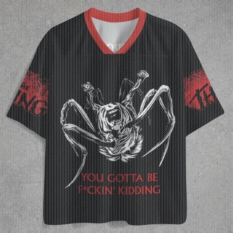 V Neck Black Red Trim Mesh Jersey T Shirt Alien Creature Shield Compass Print Front Back Sleeve Horror Streetwear Top