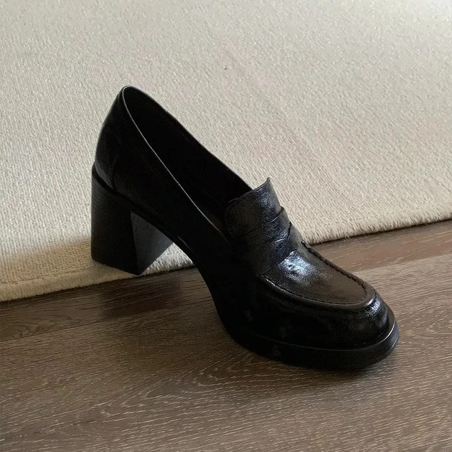 Women's Black Leather Loafers | Block Heel Design, Retro Office Essential Fashion Footwear