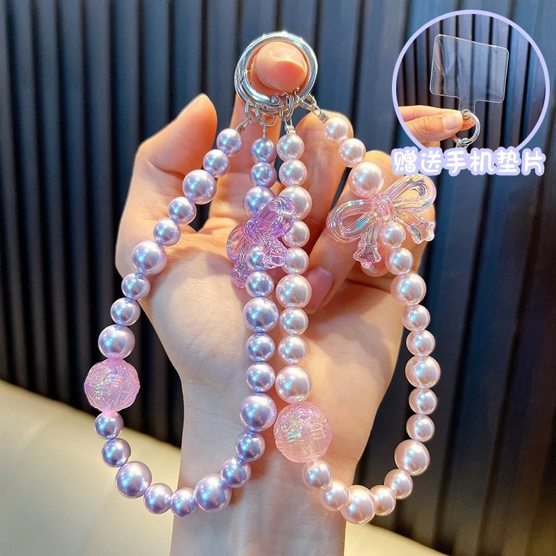 

New Luxury Bowknot W/Card Wrist Strap Phone Charm Keychain Beads Pearl Bracelet Chain Backpack Decorative Lanyard Pendant Gift