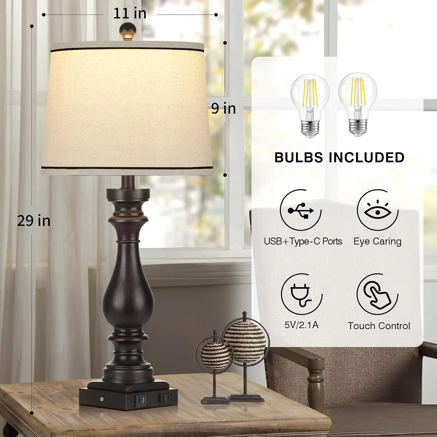 Vintage 29" Farmhouse Table Lamp with USB-C & AC Outlet, 3-Way Touch Dimmable, Retro Bedside Nightstand Light, Black view 5
