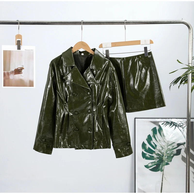 Solid PU Leather Women's Jacket Mini Skirt Set Lapel Neck Full Sleeve Double Breasted Coat Suit 2025 Autumn Stylish Edgy Outfit