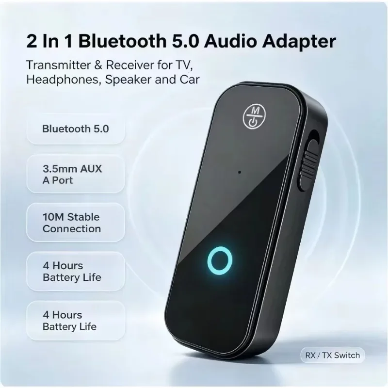 PC Device Bluetooth 5.0 2‑in‑1 Wireless Audio Adapter Receiver Transmitter 3.5mm AUX Jack Hands‑Free Call