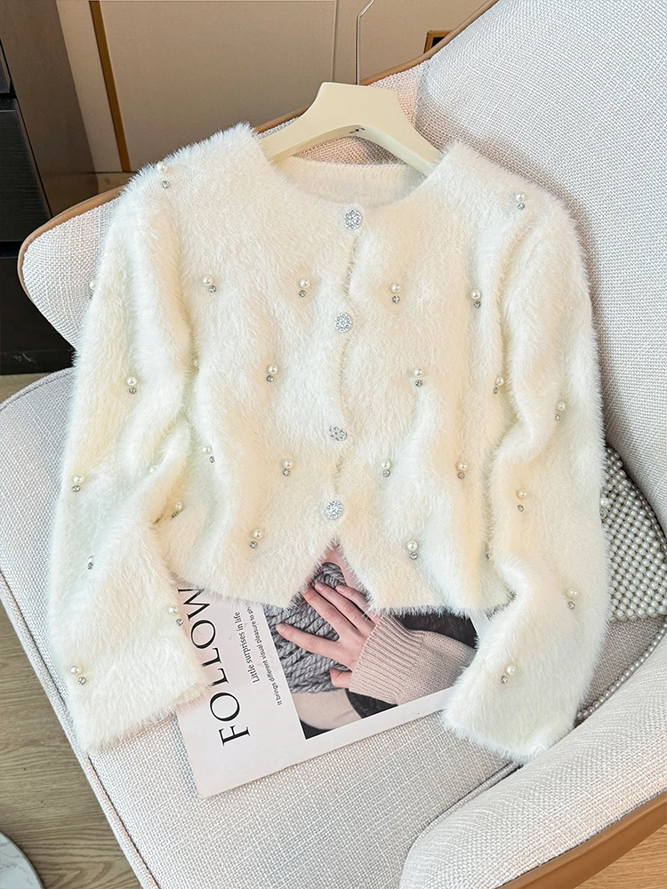 Kimotimo Solid Beading Plush Knitted Cardigan Women Korean Chic O-neck Long Sleeve Slim Cropped Sweater Autumn Gentle Lazy Tops