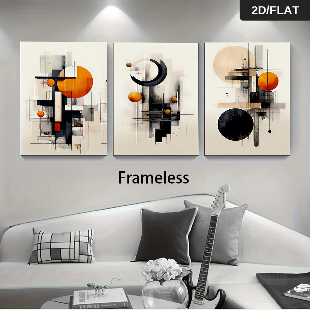 3PCS Large-sized frameless canvas paintings,1 set of modern geometric triptych frameless paintings, minimalist black, white, and