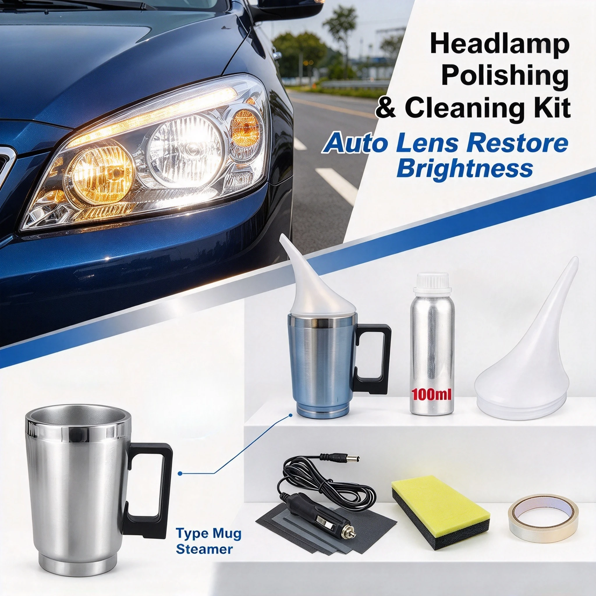Headlight Restoration Kit 100ml Can Steam Fumigator Mug Steamer Headlamp Polishing Auto Lens Cleaning Repair Tool Kit