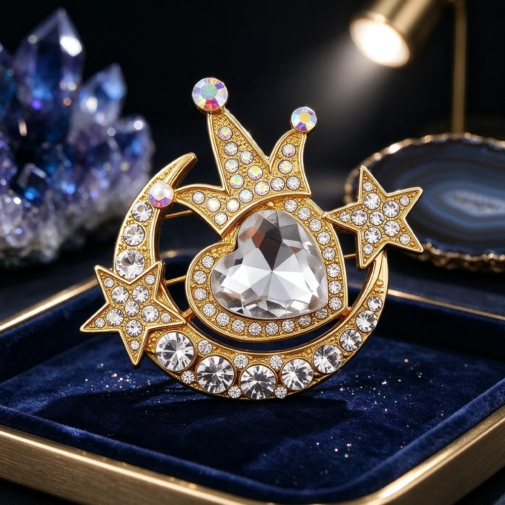 Vintage Moon Star Heart Brooch Multi Color Inlaid Alloy Pin Shiny Crystal Statement Brooch for Party Clothing Accessories