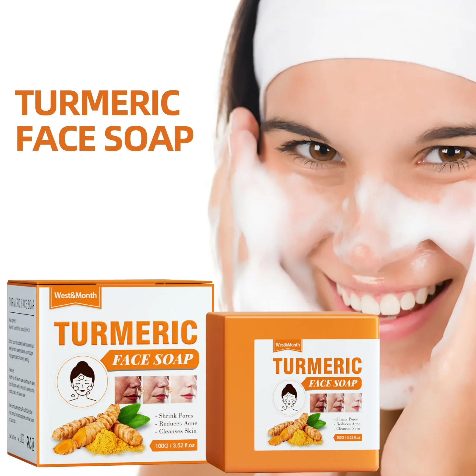 100G West & Month Turmeric Face Soap Facial Repair Gentle Deep Cleaning Pore Fade Spots Smooth Fine Lines Facial Handmade Soap