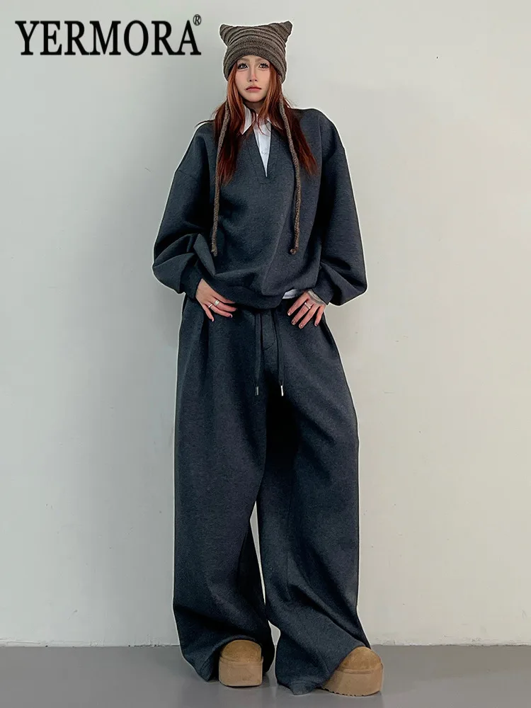 

YERMORA женский комплект из двух предметов, серый повседневный свитшот с лацканами и длинными рукавами, свободные новые брюки с высокой эластичной резинкой на талии, широкие брюки Tide Autumn