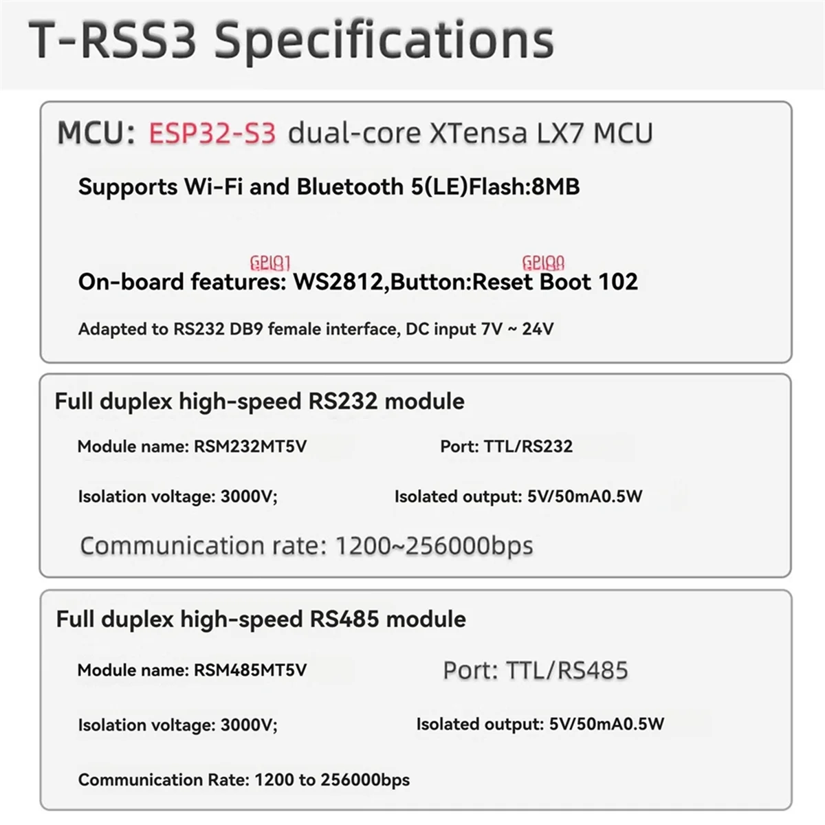 BISMZ T-RSS3 ESP32-S3 開発ボード RS232 RS485 5V モジュールオンボード WS2812 Wi-Fi Bluetooth 5.0 Typs C RSM232MT5V RSM485MT5V
