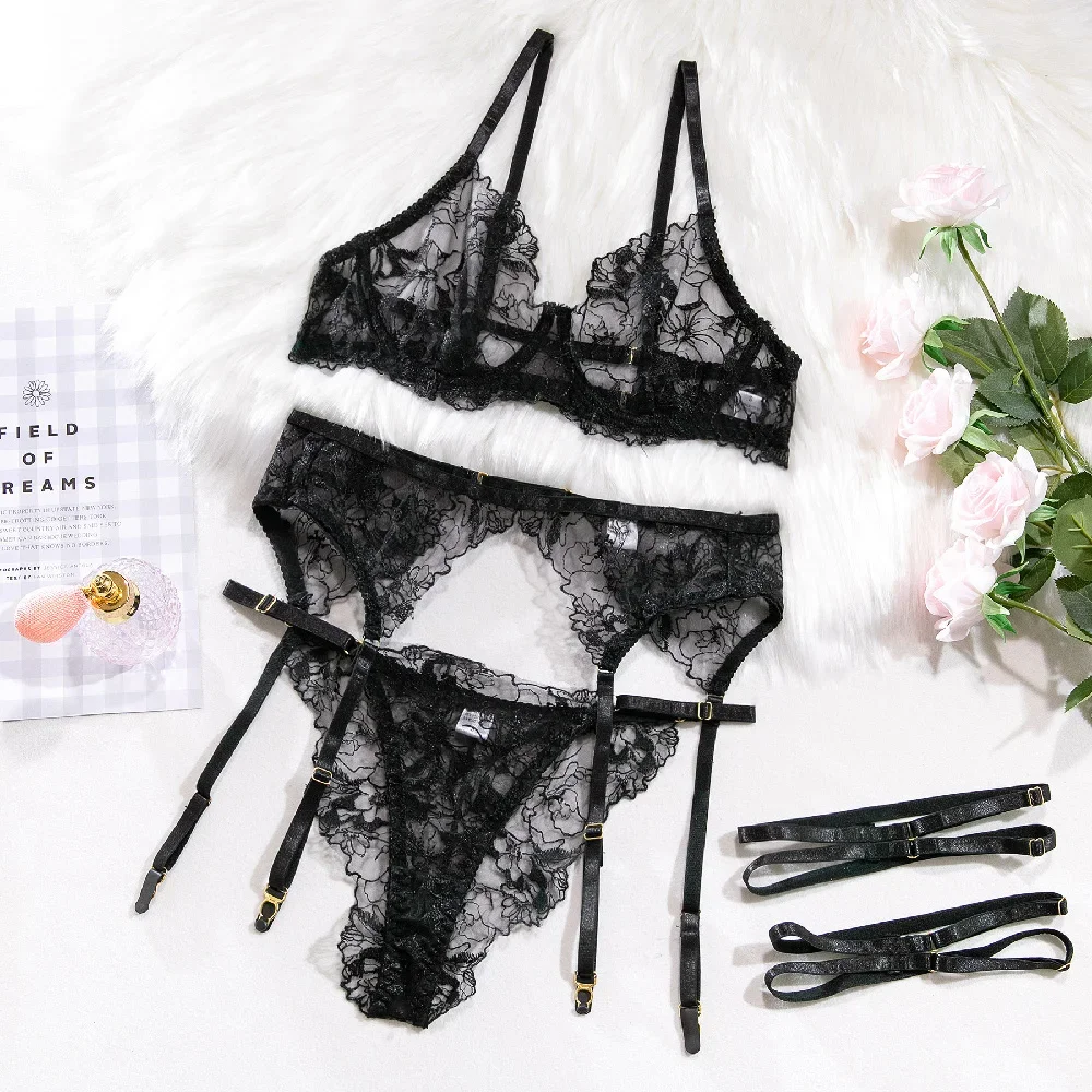 

Bra + Panties + Garter +Thigh Circumference,Full Lace Lingerie For Women Sexy Transparent Ultrathin Pullover Hollow Out Intimate