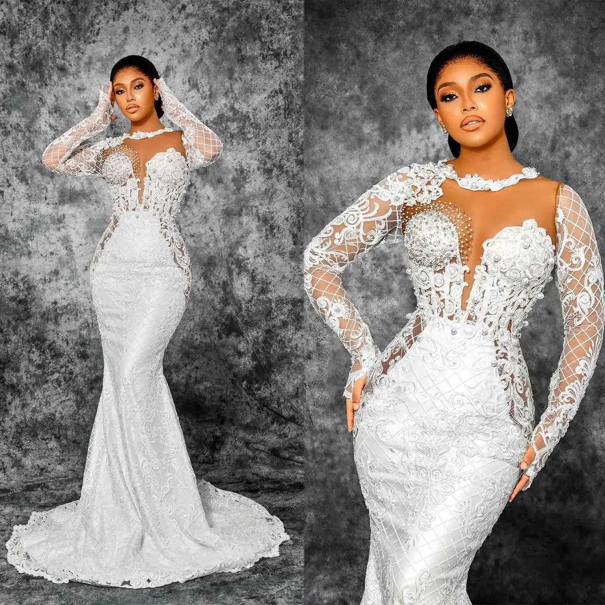 Illusion Mermaid Wedding Dresses O-Neck Appliques Pearls Bridal Long Sleeve Gowns Prom Dresses Vestido de novia Custom Made