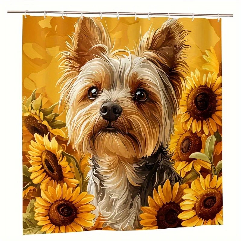 Cute Yorkshire Terrier With Sunflowers Shower Curtain Artistic Animal Design Bathroom Decor Pet Lover Print Waterproof Bath