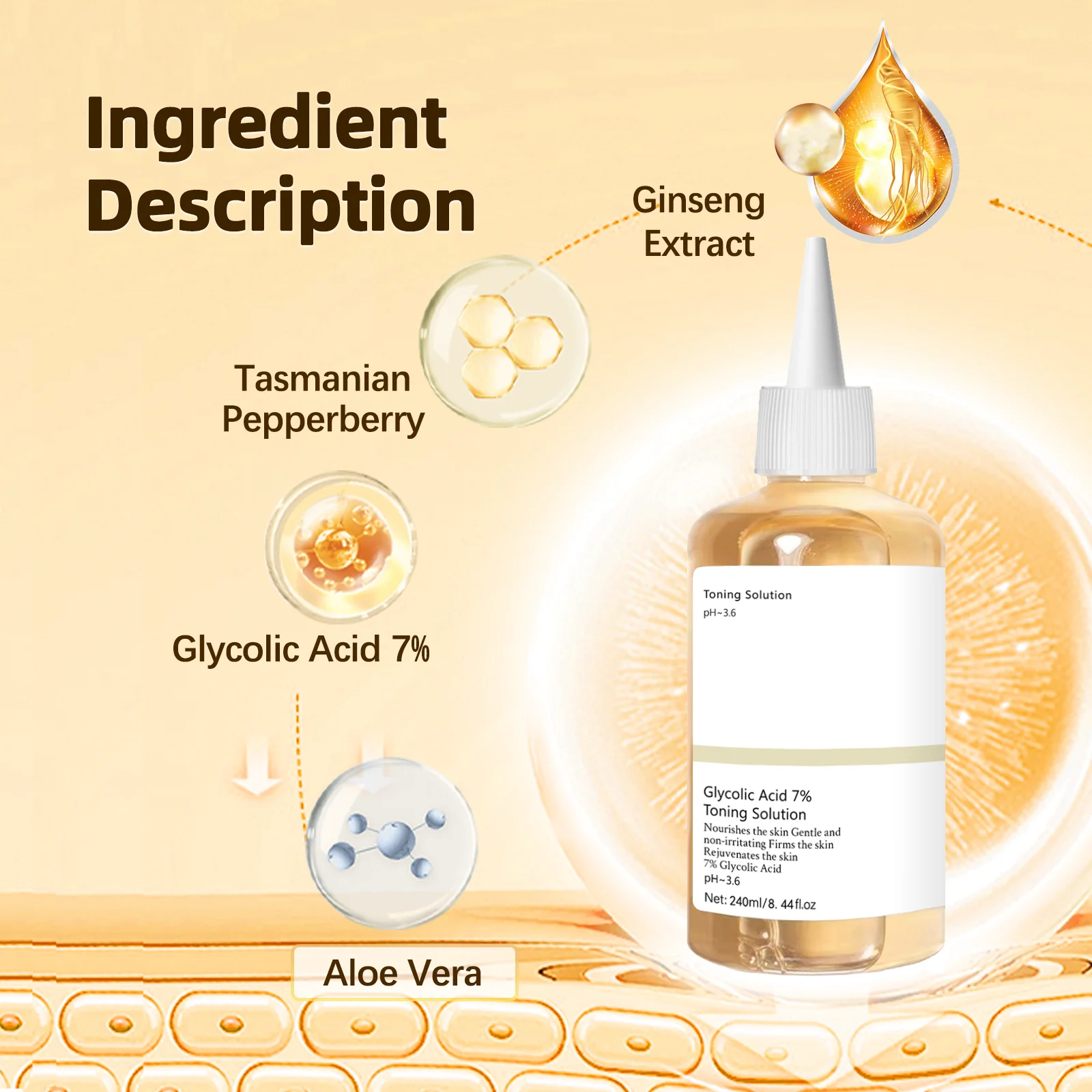 

240 мл гликолевая кислота 7% тоник для отшелушивающего раствора для лица и тела для осветления прыщей и ухода за пором, аккуратно восстанавливает кожу