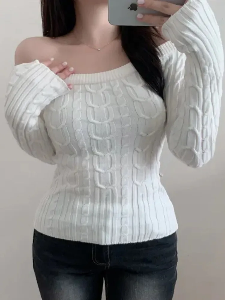 

Chic Early Spring Women's Slim Fit One oulder Twist Knit Sweater Ele Thinming High End Feeling Base Layer Knitted Top