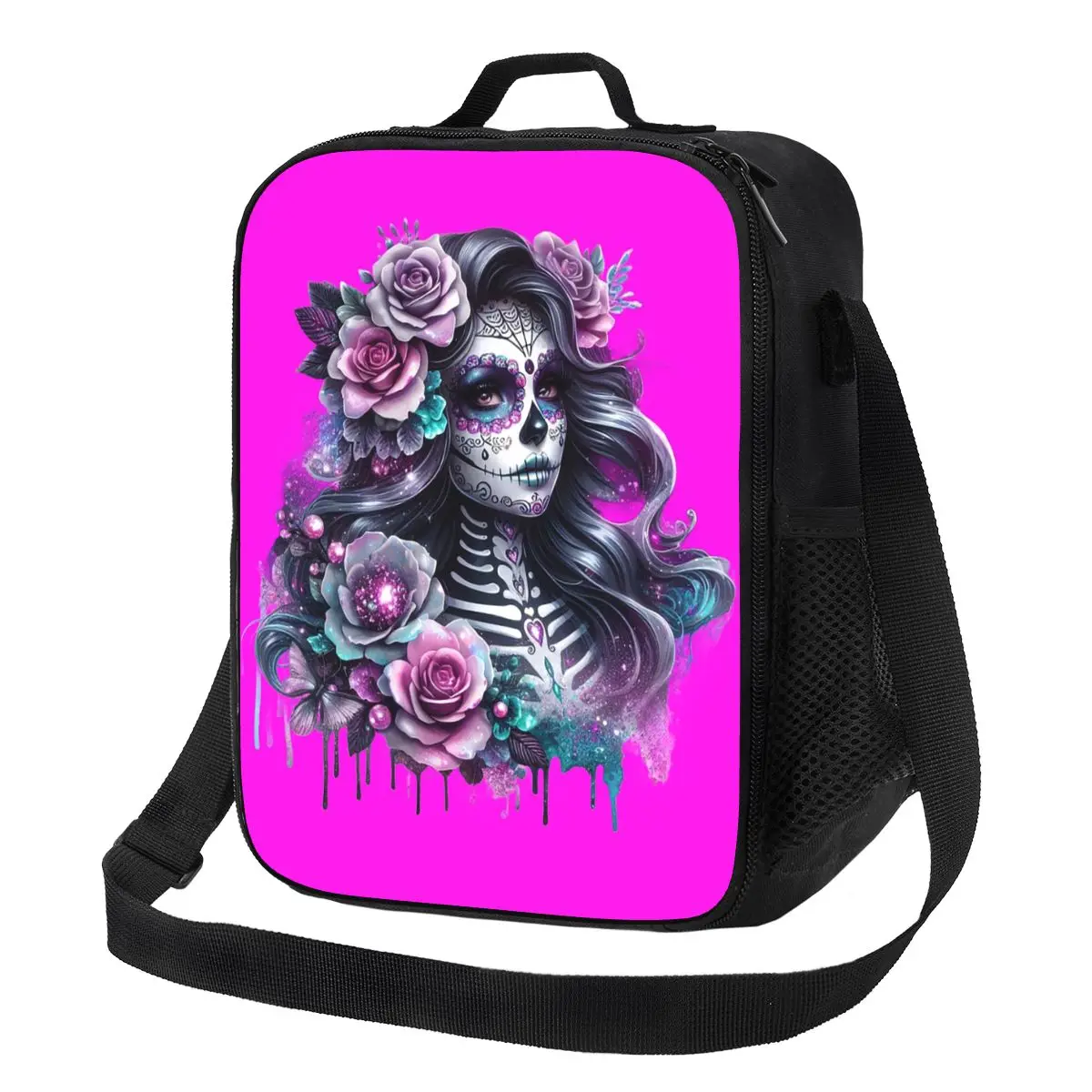 

Gothic Day Of The Dead Girl With Roses Skull Insulated Lunch Bag Food Boxes Portable Container Cooler Thermal Lunch Box Tote
