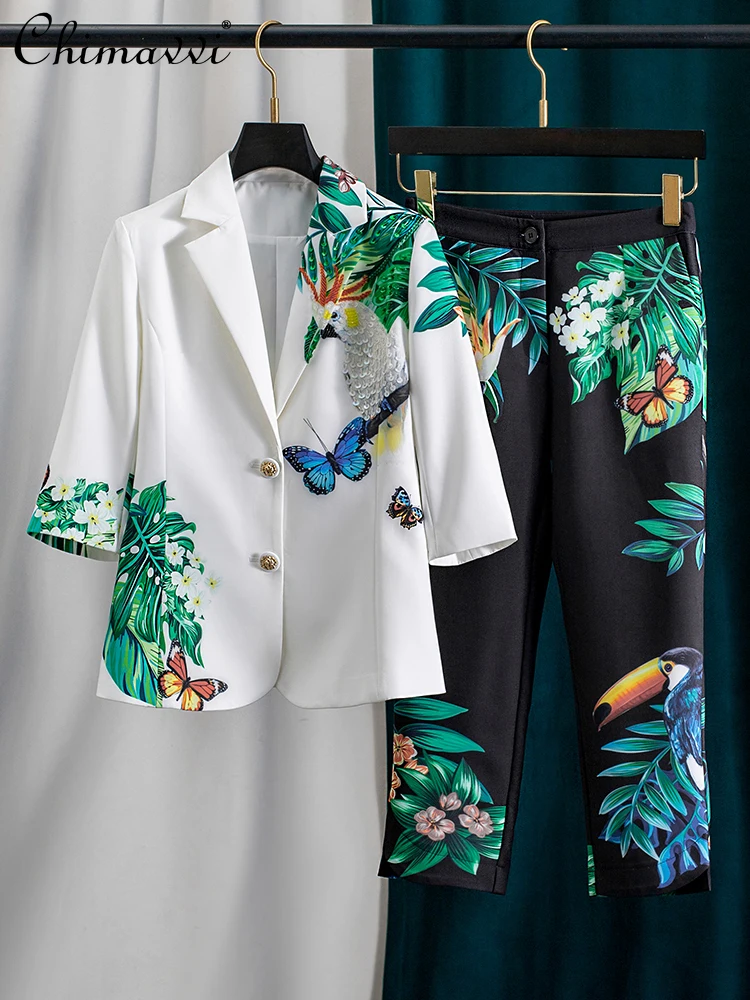 

French Style Elegant Commutr Heavy Industry Beaded Sequins Single-Breasted Blazers High Waist Pants Two-Piece Sets Women Autumn