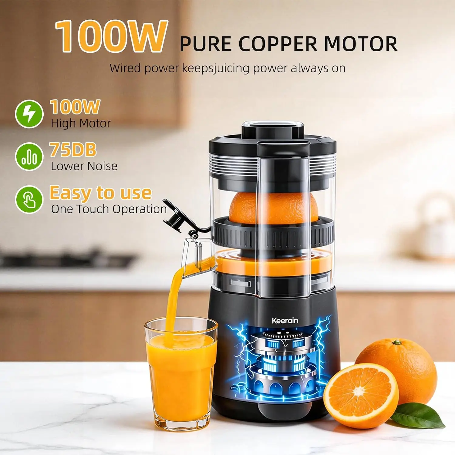 Electric Citrus Juicer with 2 Cones, Automatic Orange Juicer Machine for Lemon, Grapefruit, Watermelon & More, One-Touch Operation, High Juice Yield, Easy-Clean Compact Design