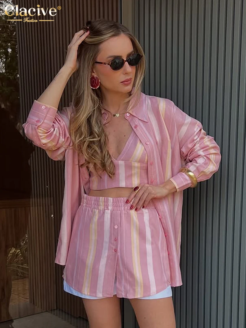 

Clacive Fashion Loose Print 3 Pieces Set For Woman 2026 Elegant Long Sleeve Blouse + Tank Top With High Waist Shorts Set Female