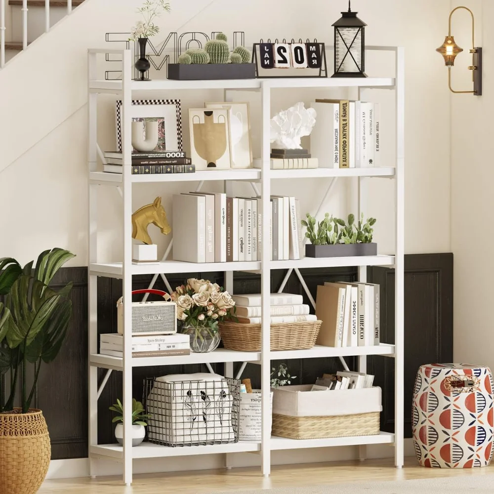 

Modern 5 Tier, Wood Etagere Bookshelf, Metal Tall Book Shelf with Large Open Shelving Unit (White Oak, 51 Inch Wide)