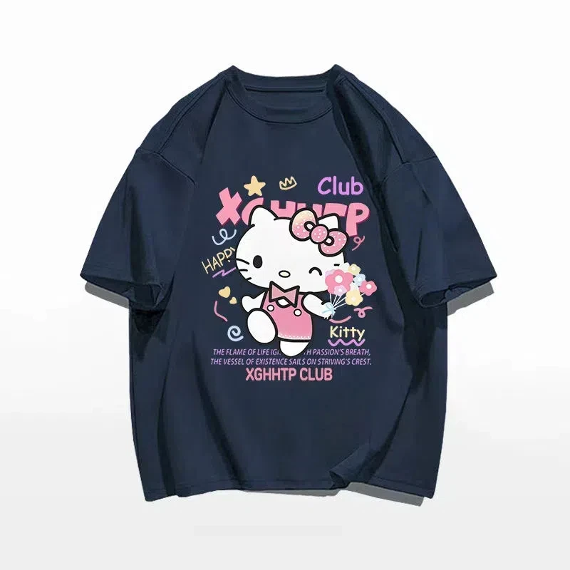 2024 Hello Kitty Sanrio T-shirt Kawaii Cartoon Print Cotton Tops O-neck Oversized Shirts Streetwear Splicing Top Women Clothing