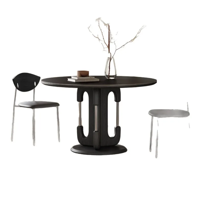 

Solid wood dining table round table turntable telescopic household round retro style dining table slate