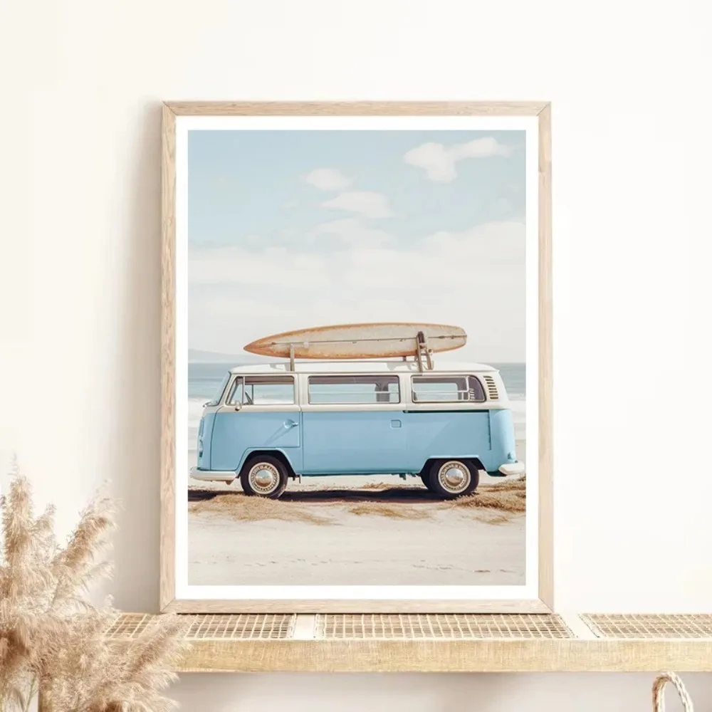 Nature Beach Sea Waves Coastal Pampass Grass Reed Sky Bus Photography Nordic Poster Canvas Printing Wall Home Decor