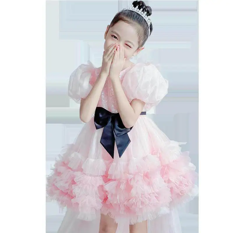 2026 Kids Girls Princess Pink Formal Gown Children Birthday Party Evening Costume Host Tutu Piano Performance Pageant Dress