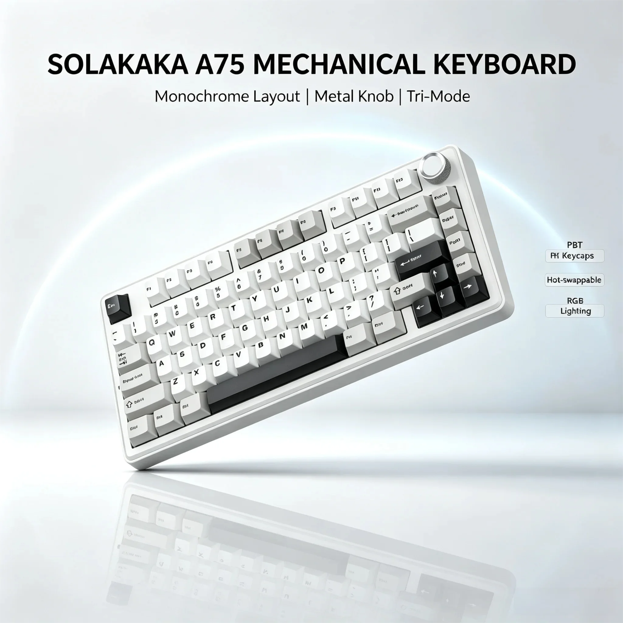 Teclado Gamer SOLAKAKA A75 75% Mecânico com Estrutura Gasket, Keycaps PBT, Som Cremoso, Bateria de 4000mAh e Botão Multimídia