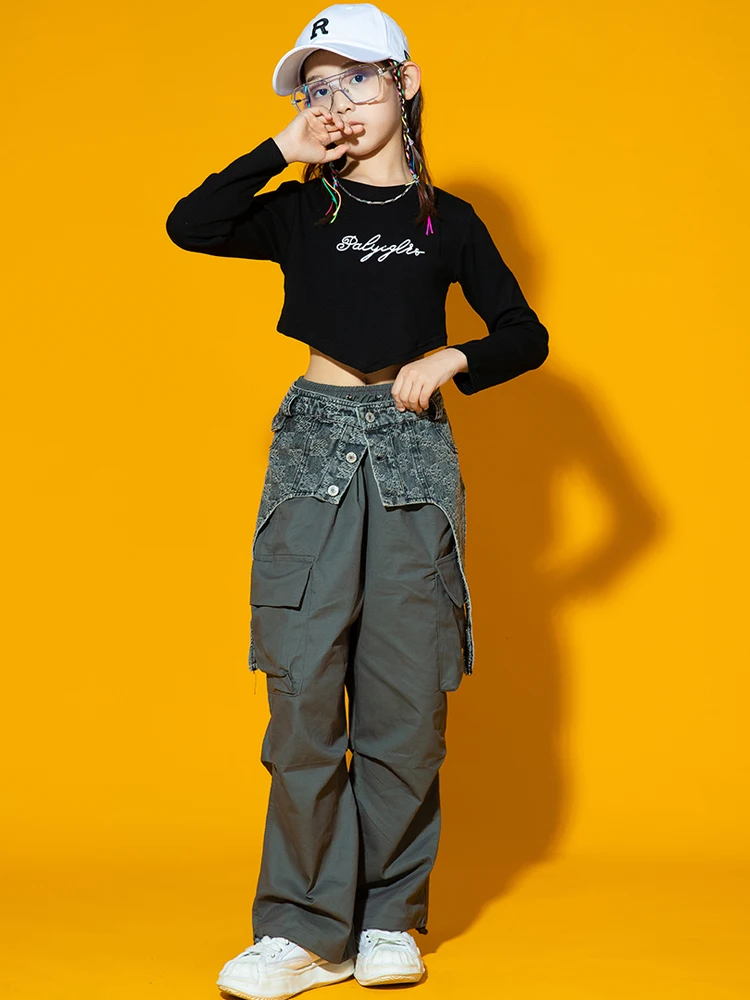 Modern Performance Wear Kids Hip Hop Suit Hip Hop Girls Street Dance Clothing Long Sleeves Crop Tops Loose Cargo Pants