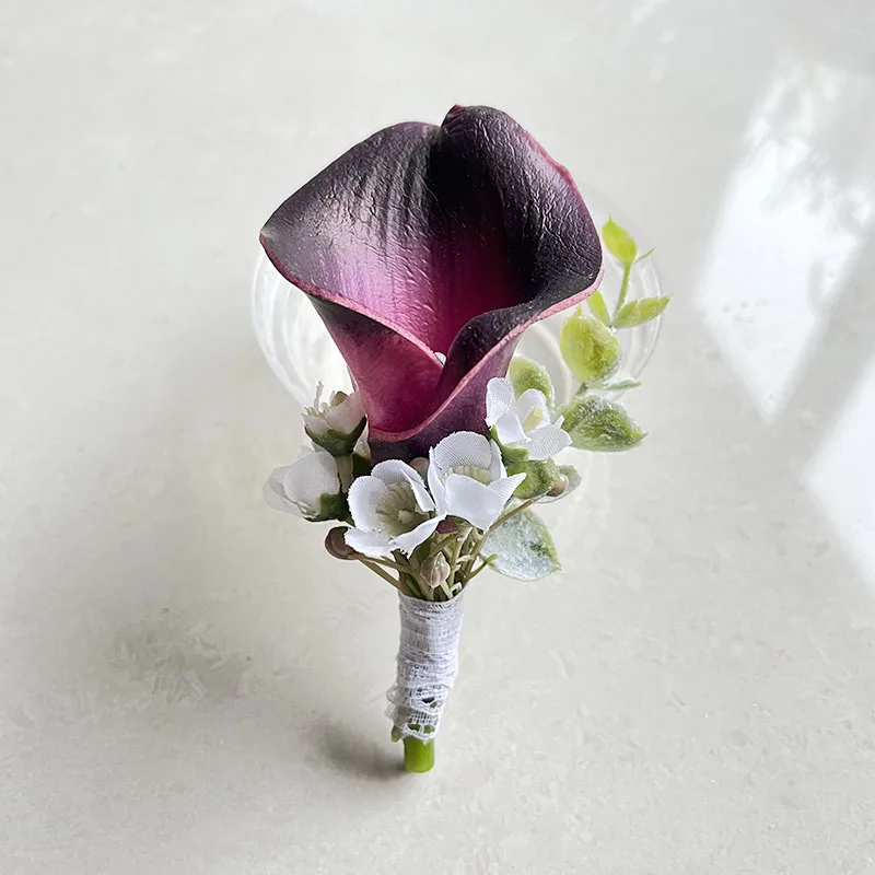 Groom Boutonniere Corsage Wedding Accessories Calla lily Artificial Flowers Buttonhole Men Pins Prom Marriage Brooch Decoration