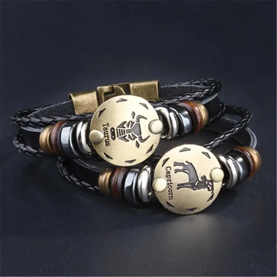 Vintage 12 Constellations Leather Bracelet Zodiac Horoscope Braided Bangle for Men Women Charm Wristband Accessories Xmas Gifts