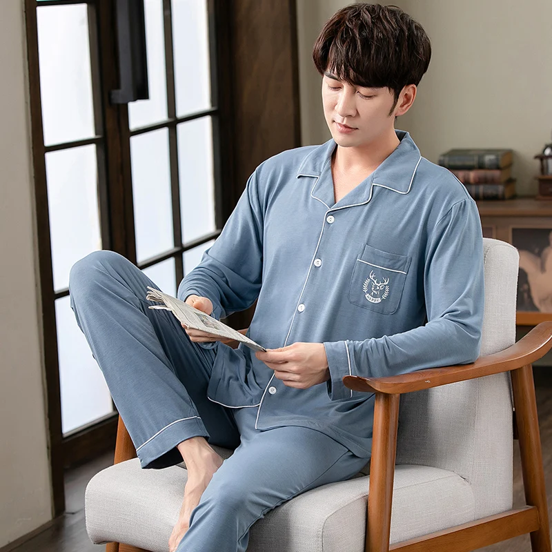 Long Pants + Long Sleeve Tops Pajama Sets Men Spring Modal Pajamas Home Suit Mens Sleepwear Loose Button Cardigan Nightwear 4XL