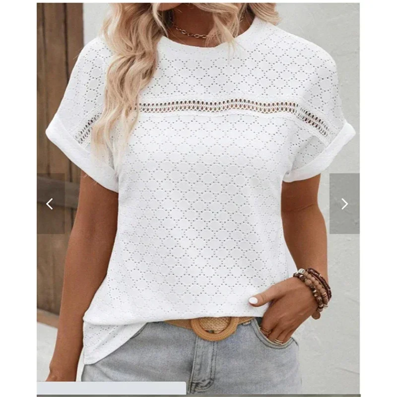 

Women Sexy Hollow Out Lace Patchwork Blouses Summer Trendy Simple Casual White Shirts Round Neck Short Sleeve Loose Tops Blusas