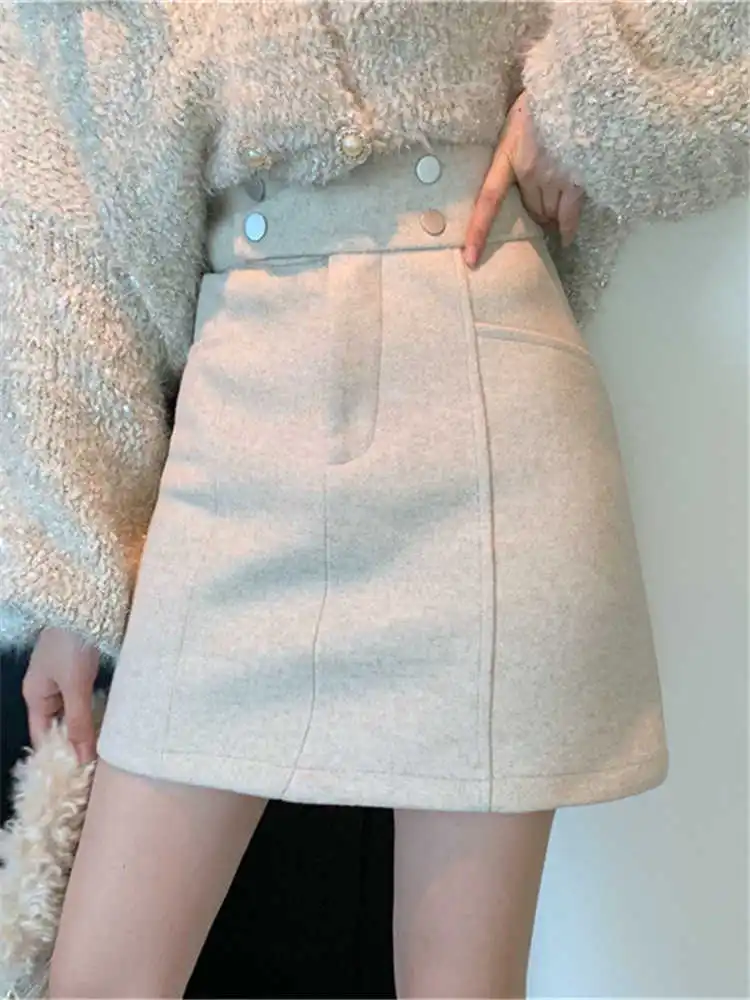 Woolen Half Skirt Double-breasted High Waist Slim Short Skirts Women Autumn Winter Thickened Warm A-line Hip Package Skirt