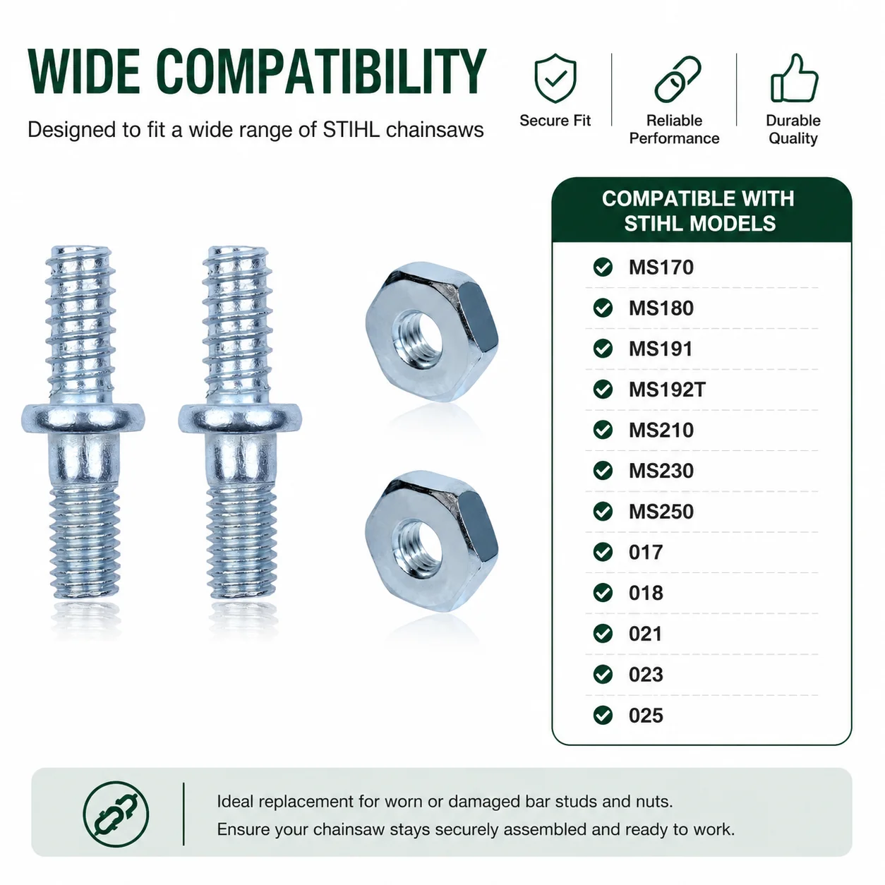 Bar Studs & Nuts for Stihl MS210 MS230 MS191 021 023 025 Chainsaw Spare Replacement Parts Fits 0000 955 0801 & Accessories