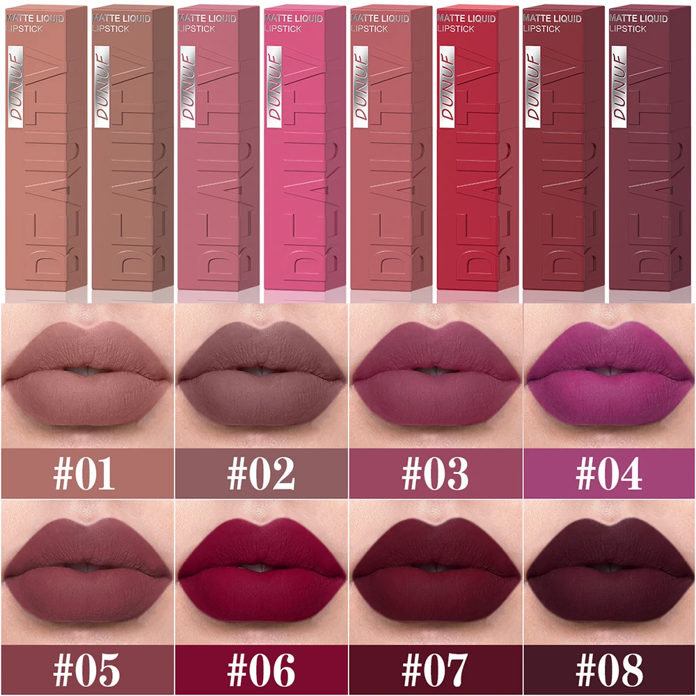 8 Color Nude Brown Matte Liquid Lipstick Velvet Sexy Dark Red Lip Glaze Non-stick Cup Not Easy To Fade Lip Gloss Lipstick Makeup
