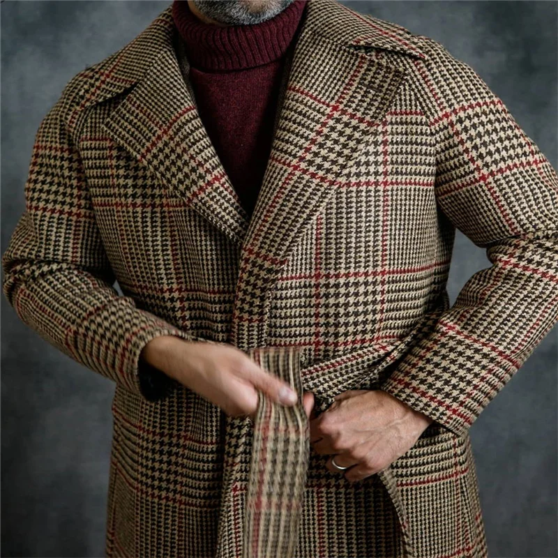 British Style Men Suits Houndstooth 1 Piece With Belt Double Breasted Thick Woolen Tuxedos Long Coat Male Outfit Custom Made