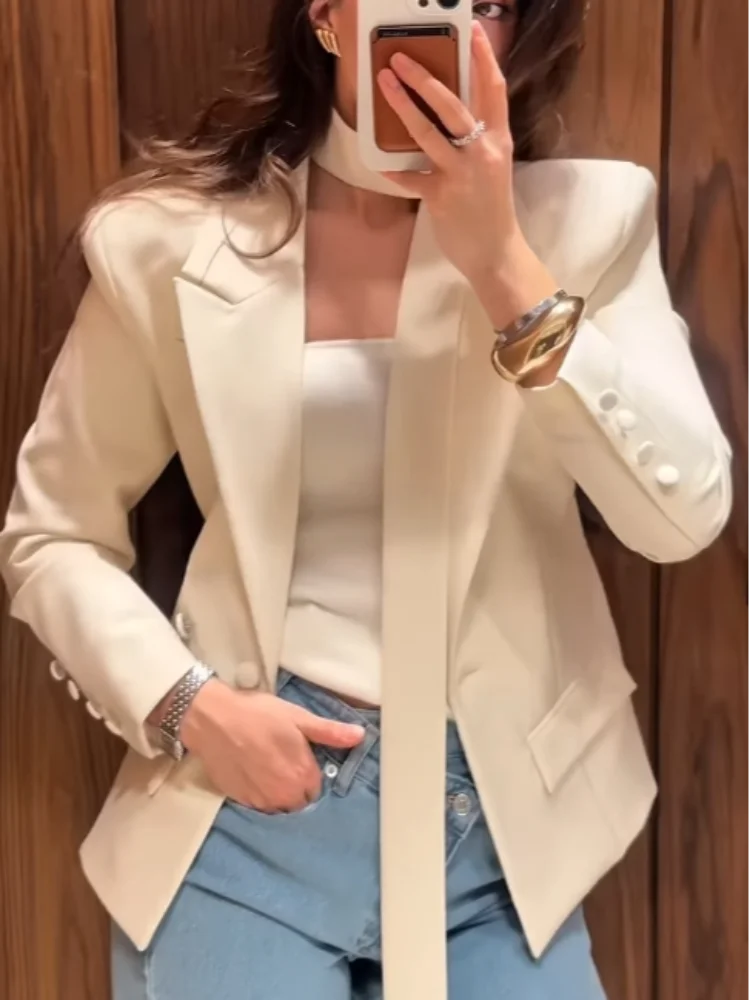 

Elegant Blazer Jacket Women Lapel Shoulder Pad Long Sleeve Office Lady Coats 2025 Autumn Single Button Female Commuting Coat