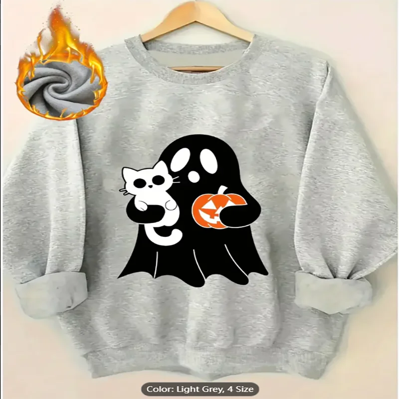 Sudadera para mujer Ghost Cat Calabaza Estampado gráfico Forro polar Casual Jersey de gran tamaño Top para amantes del estilo de Halloween Algodón