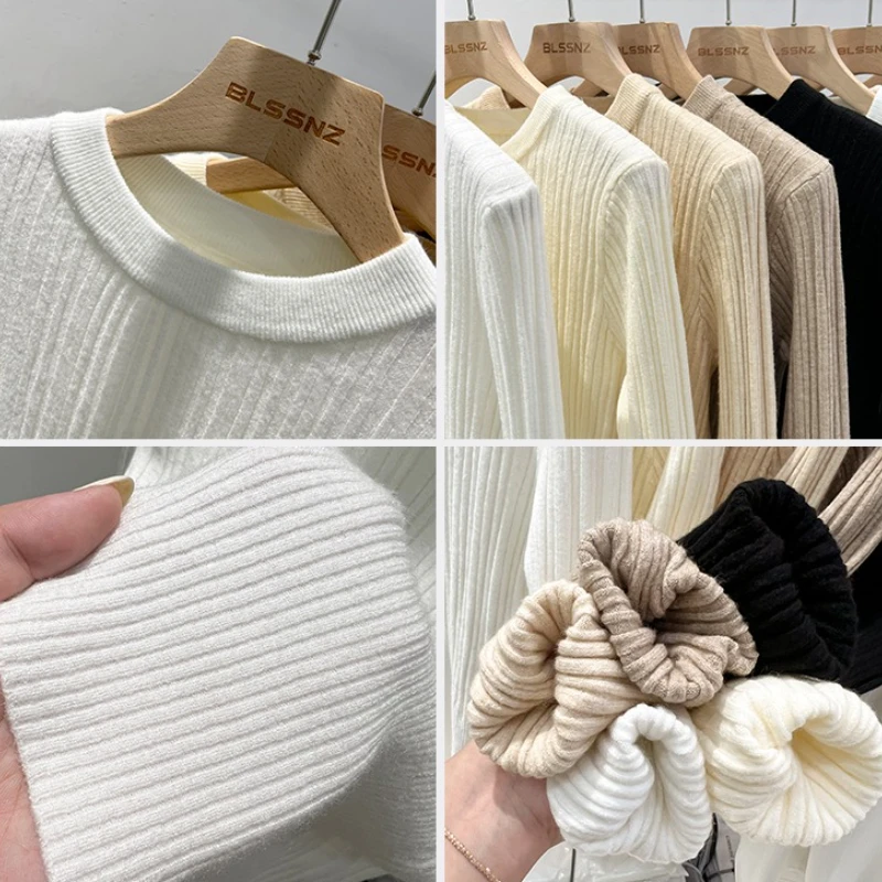 เสื้อสเวตเตอร์ไหมพรมสไตล์วินเทจเกาหลีลำลองสำหรับผู้หญิง แขนยาว คอทรงกลม สีพื้น ทรงเข้ารูป ใส่ได้หลายโอกาส สำหรับฤดูใบไม้ร่วงและฤดูหนาว