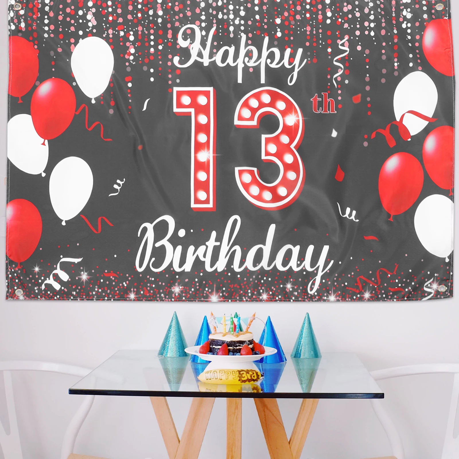 

Birthday Backdrop 95x75cm Black Red Balloon 13th Birthday Party Decorations Reusable Photography Background Cloth Banner