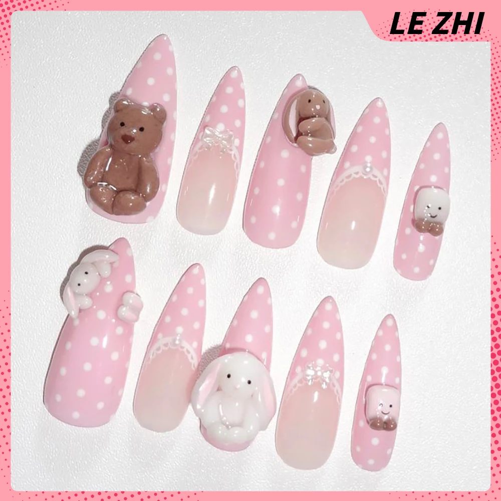Cartoon Stiletto Cute Rabbit Press On Nails Art Stickers Retro Y2K Strawberry Wings Love Cat Paws Manicure Diamond Fake Nails view 5