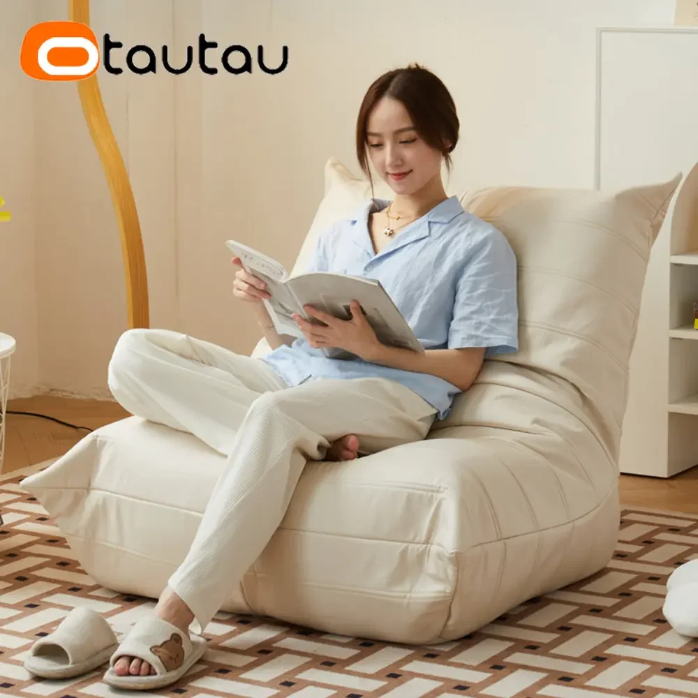 OTAUTAU Faux Leahter Bean Bag Cover Without Filler Chaise Lounge Recliner Pouf Lazy Beanbag Sofa Bed with Ottoman Footrest SF025