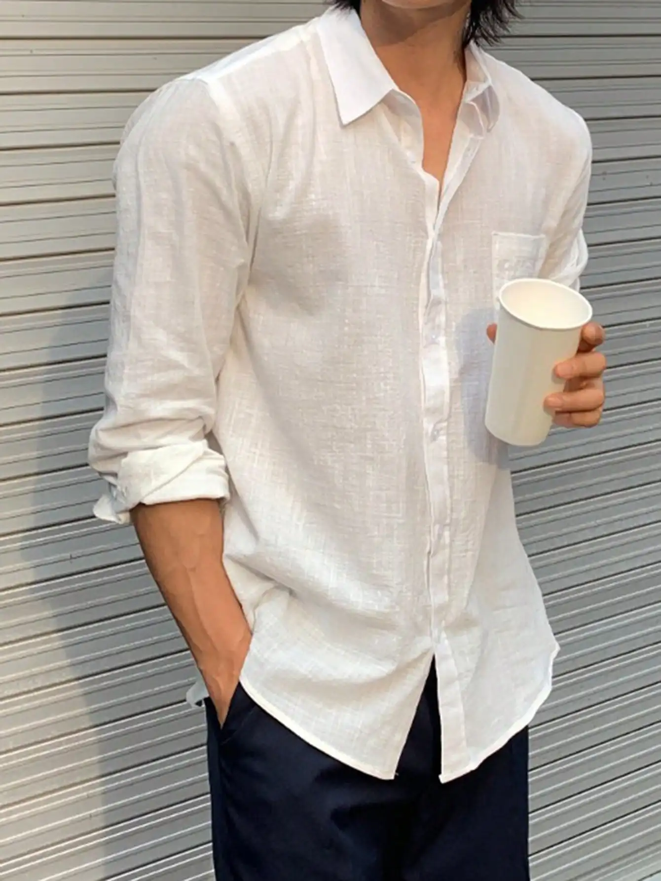 

Men's Solid White Linen Long Sleeve Casual Shirt for Spring Summer