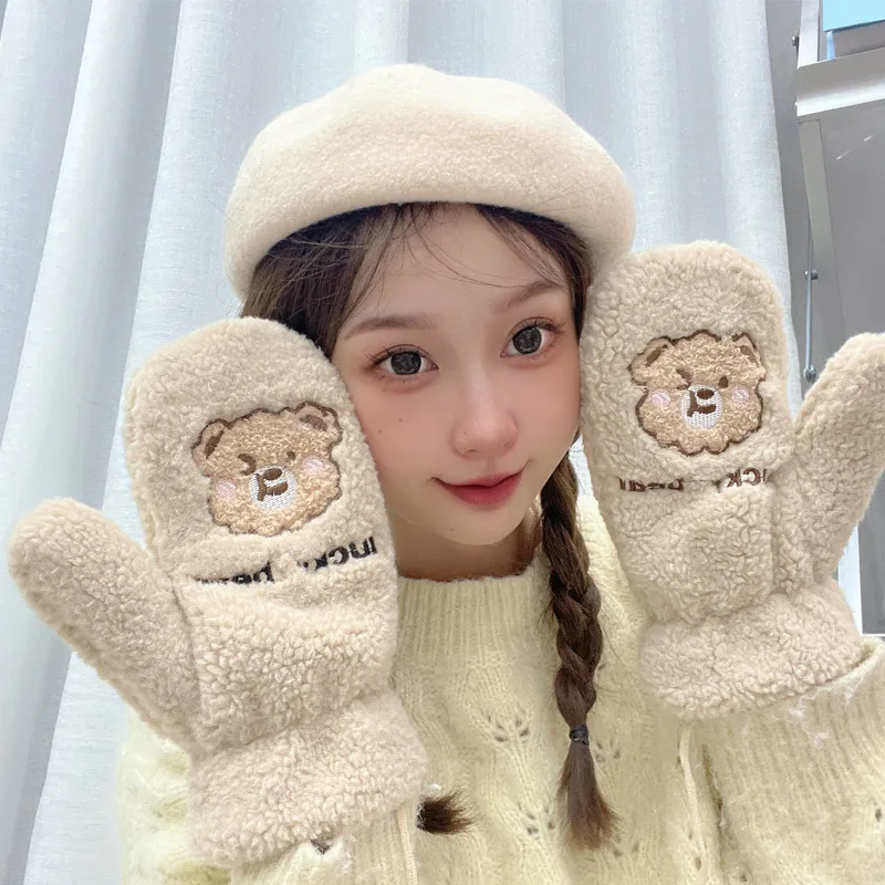 قفازات الدب الشتوية النسائية اللطيفة على الطراز الكوري، مبطنة بالصوف، قفازات سميكة كاملة الأصابع لركوب الدراجات للدفء والحماية #4